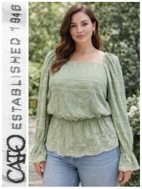 Cato Blouse Green White Embroidered Peasant Floral square neck elastic waist XL